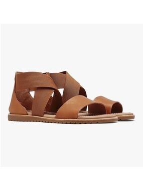 Sorel Ella Sandals Camel Brown Full-Grain Leather  Gore Stretch Straps Size: 10